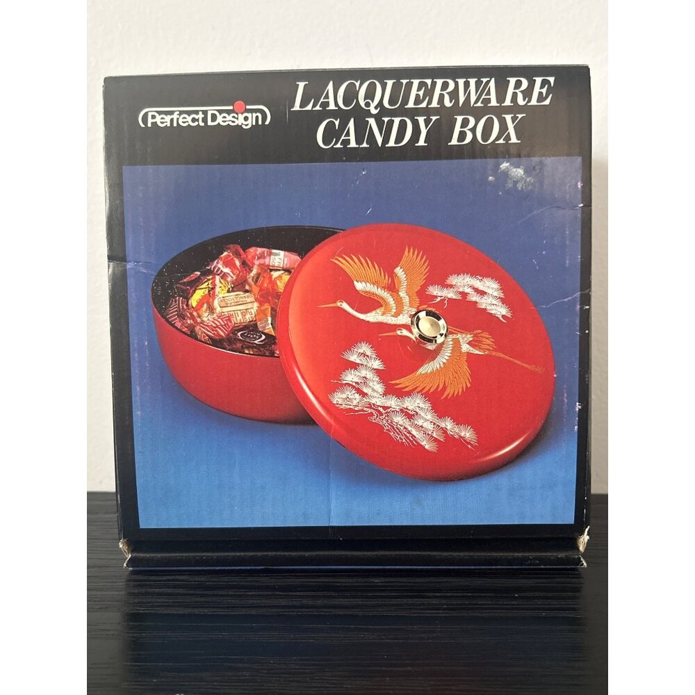 VTG Red Lacquerware Candy Box Crane & Pine Tree Motif Made in Japan Original Box